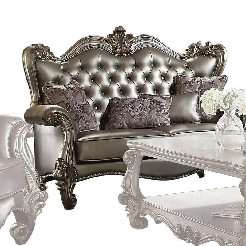 Versailles - Loveseat With 4 Pillows - Silver Synthetic Leather & Antique Platinum by Unique Piece Furniture