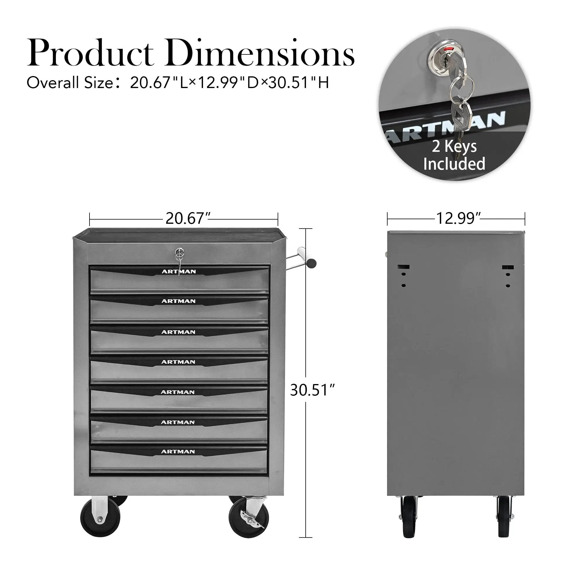 Rolling Metal Tool Chest with 7 Drawers, 20" Cabinet Silver by HouseOfZazla