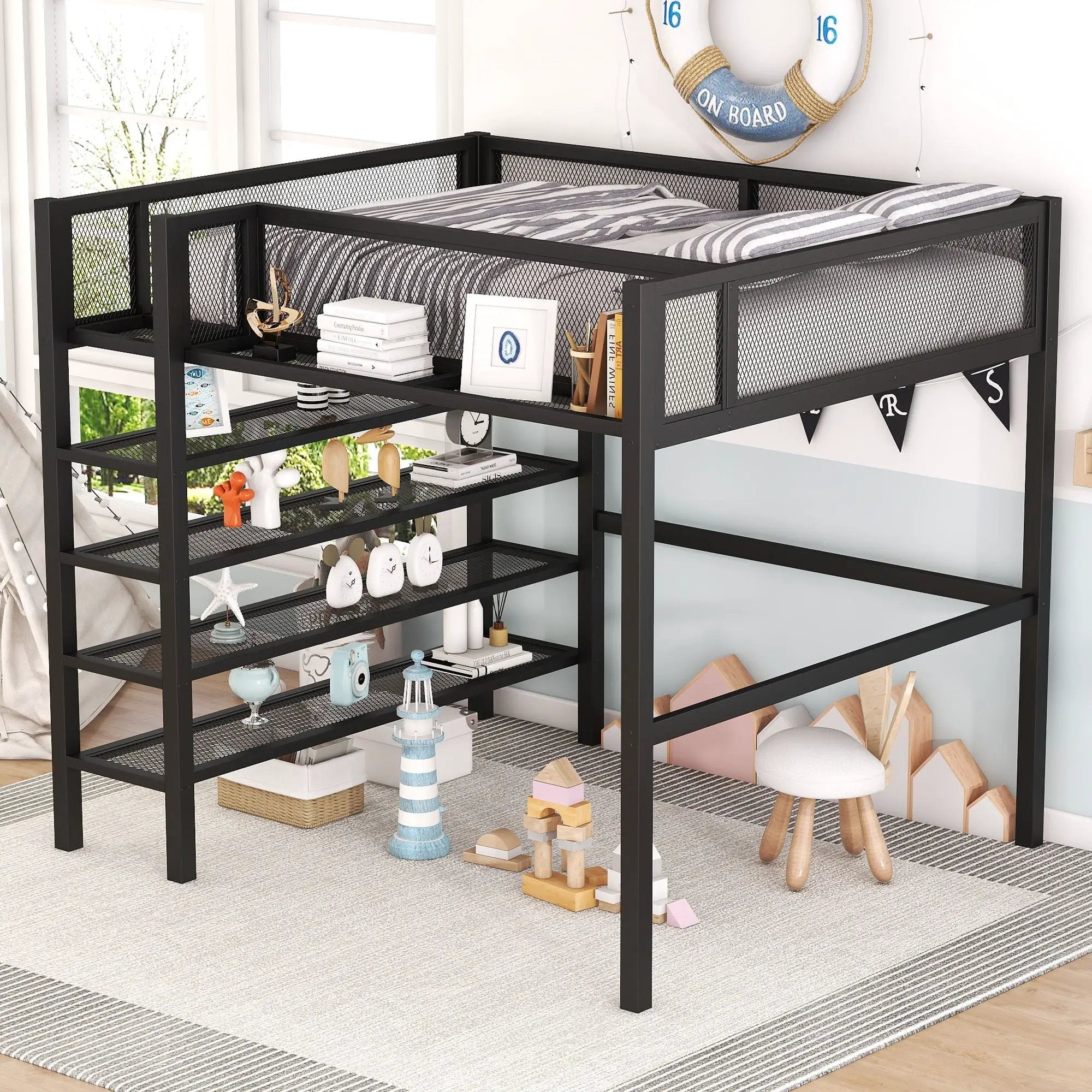 Loft Bed With 4 Tier Shelves And Storage by Unique Piece Furniture