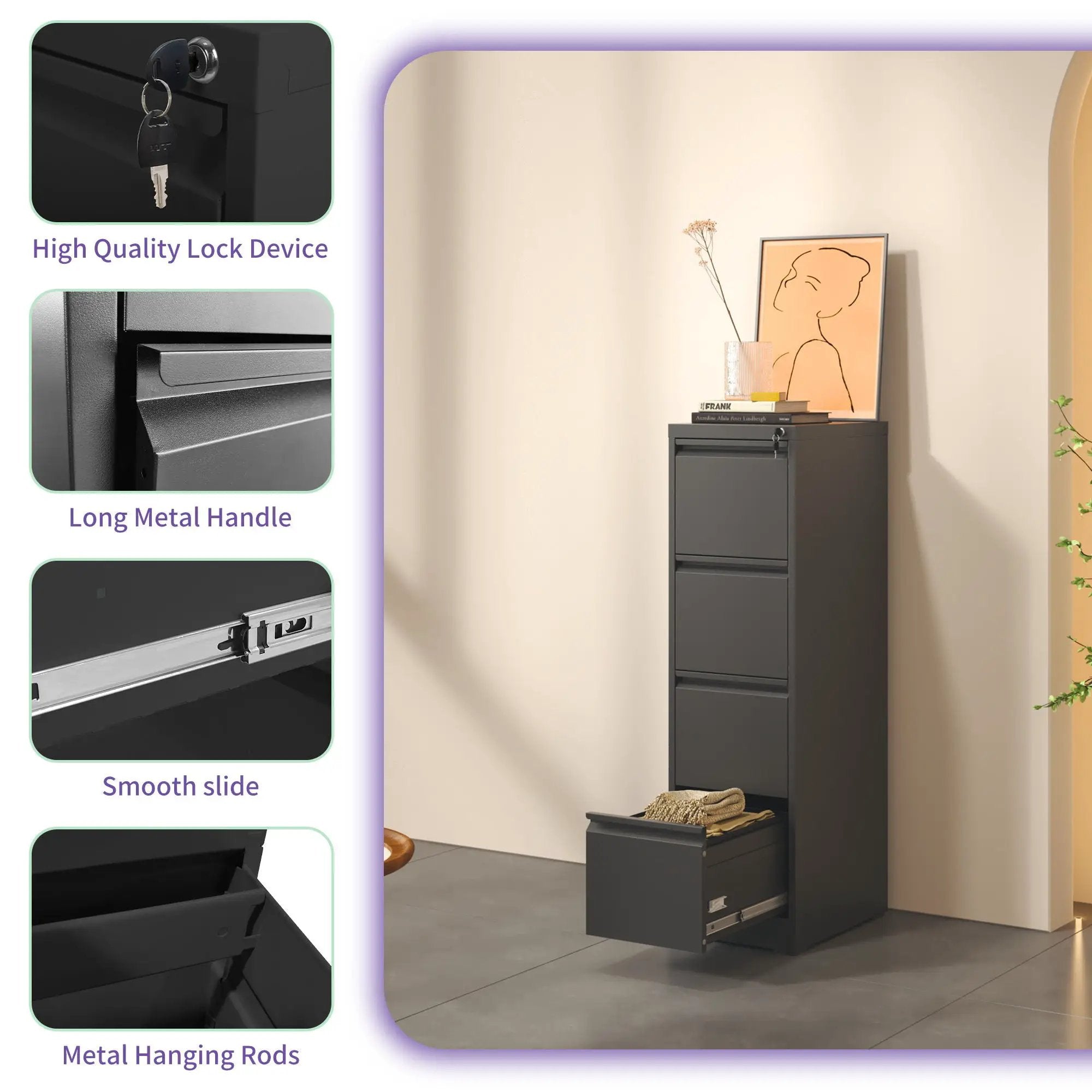 Steel Drawer Vertical File Cabinet With Lock For A4 Legal / Letter Size by Unique Piece Furniture