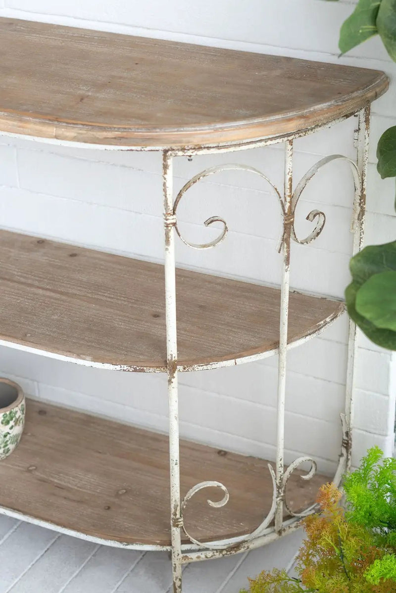 3 Tiered Wooden Shelving Unit With Ornate Iron Frame - Multicolor by Unique Piece Furniture