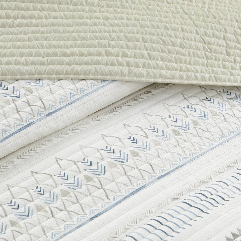 3 Piece Printed Microfiber Seersucker Quilt Set Taupe/Blue Full/Queen by HouseOfZazla