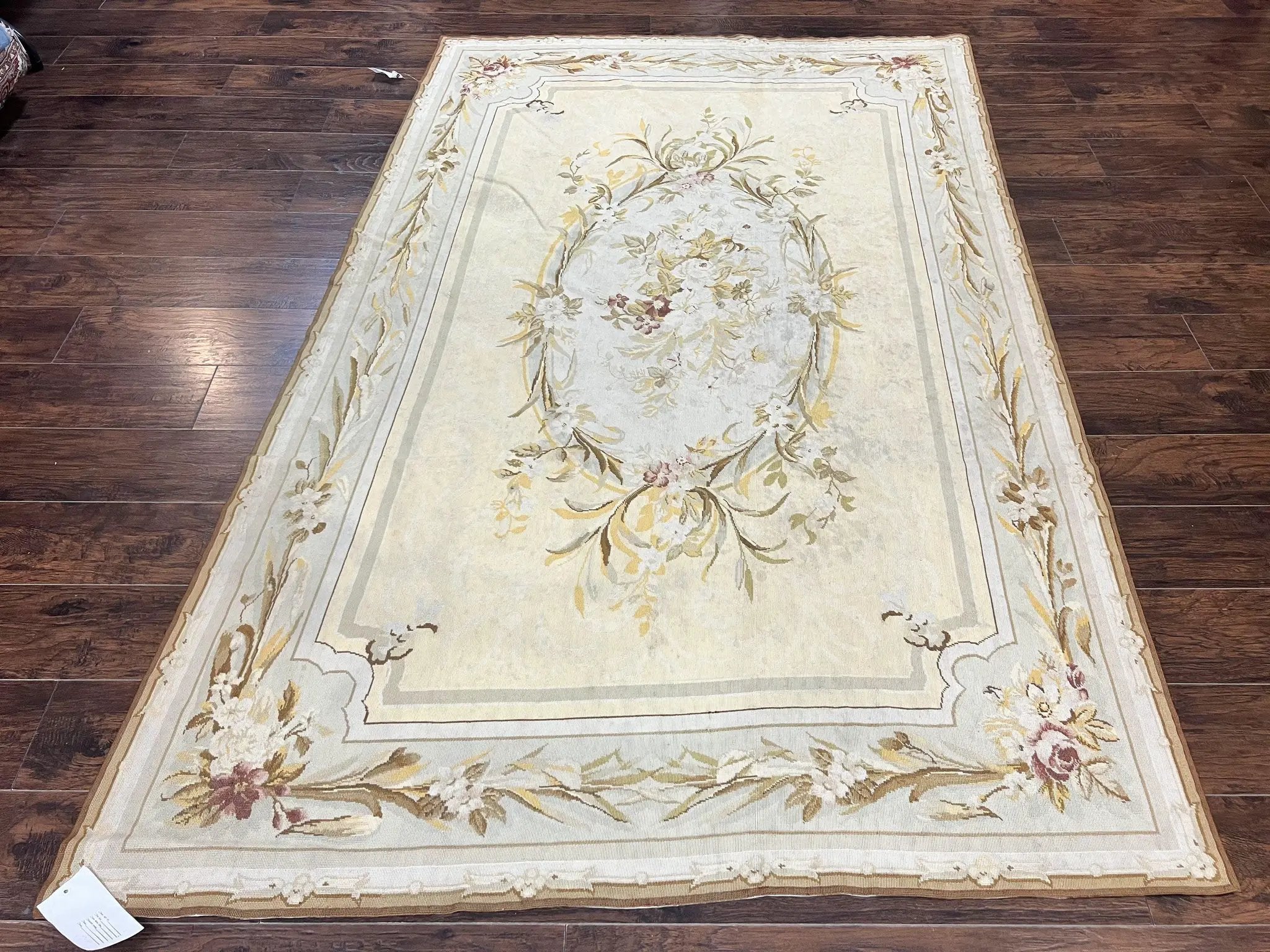 Needlepoint Rug 6x9, Elegant European Design Aubusson Carpet, Vintage Wool Handmade Rug, Light Yellow Ivory by Jewel Rugs