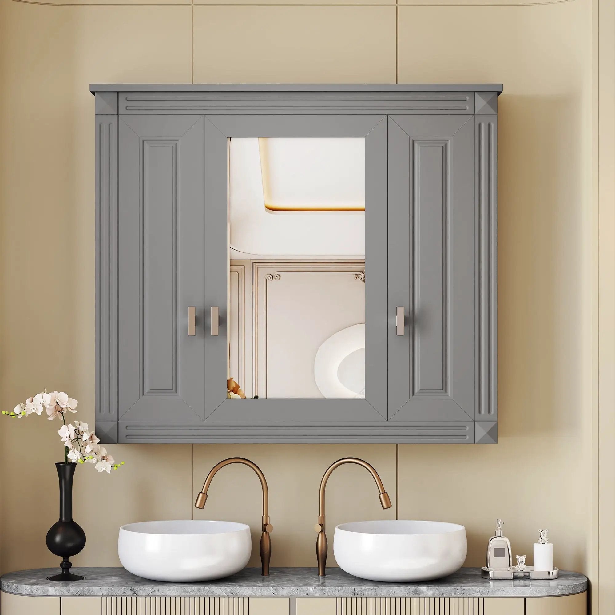 Wall Mounted Bathroom Cabinet With Mirror And 4 Shelves, Rectangular Design - Gray by Unique Piece Furniture