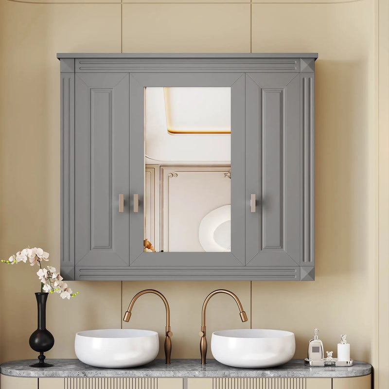 Wall Mounted Bathroom Cabinet With Mirror And 4 Shelves, Rectangular Design - Gray by Unique Piece Furniture
