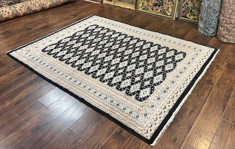 Pakistani Bokhara Rug 6x9, Hand Knotted Vintage Wool Carpet with Silk Highlights, Very Fine 320 KPSI, Medium Size by Jewel Rugs