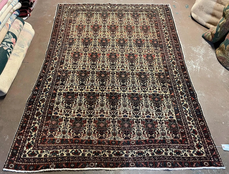 Antique Persian Afshar Rug 5x7, Wool Hand Knotted Oriental Carpet 5 x 7 ft, Repeated Motif Allover, Cream and Maroon, Tribal Rug, Medium Sized Rug, Zil-i-Sultan Design by Jewel Rugs
