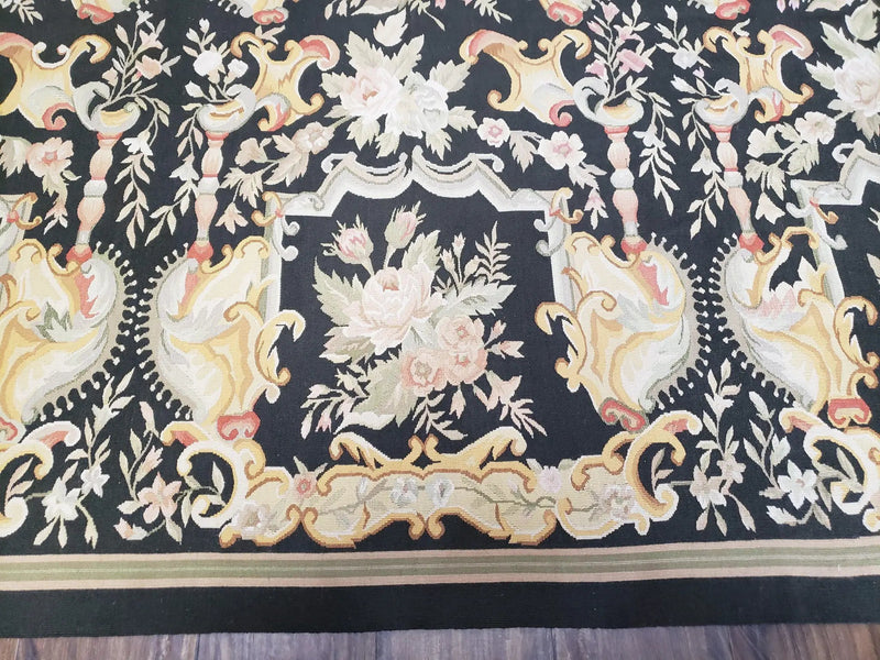 Vintage Black Aubusson Area Rug 8x10, Large Flowers Chinese Aubusson Carpet 7.9 x 10, Wool Hand-Knotted Floral Pattern Flat Weave Rug Nice by Jewel Rugs