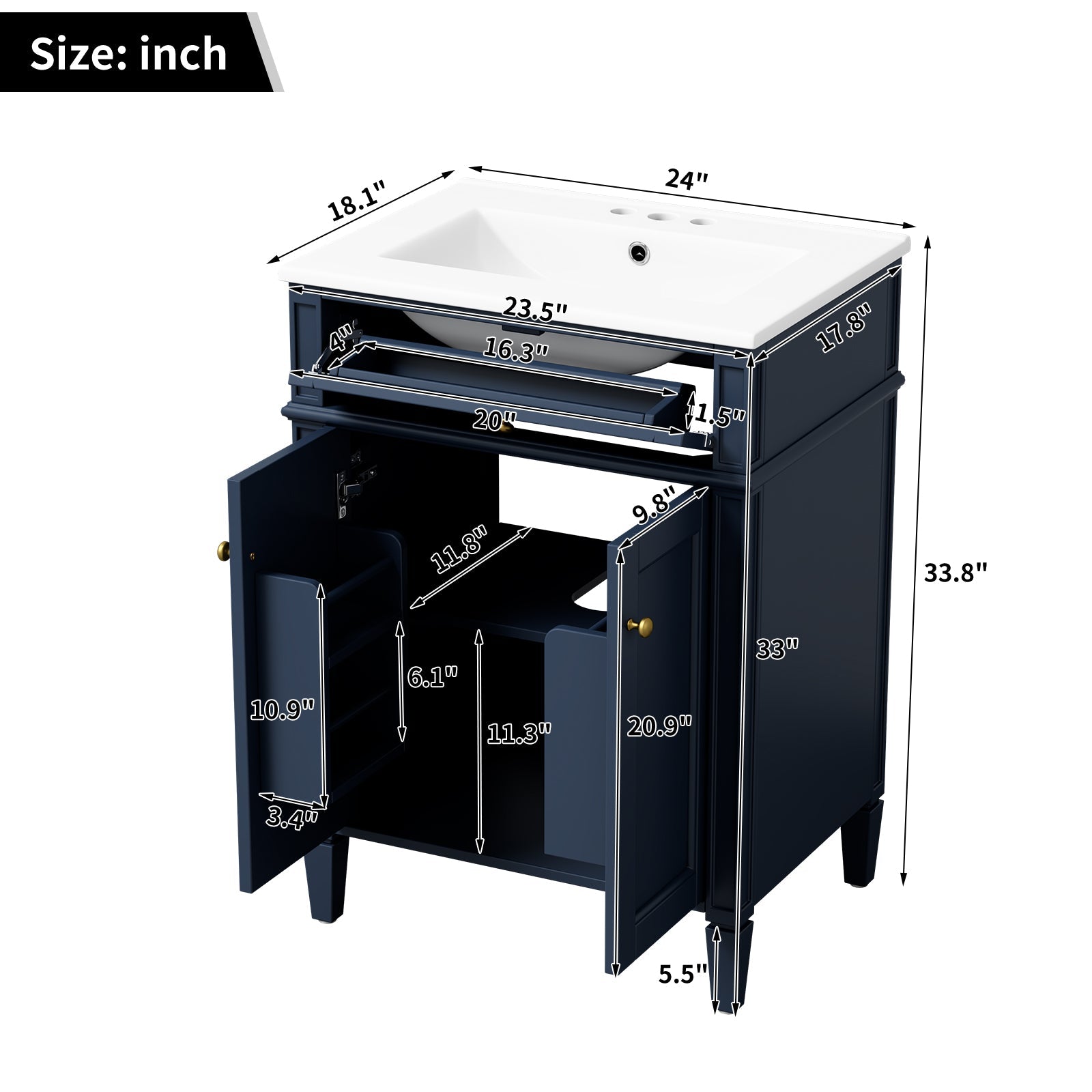 24" Bathroom Vanity with 2 Doors and Tip-Out Drawer by HouseOfZazla