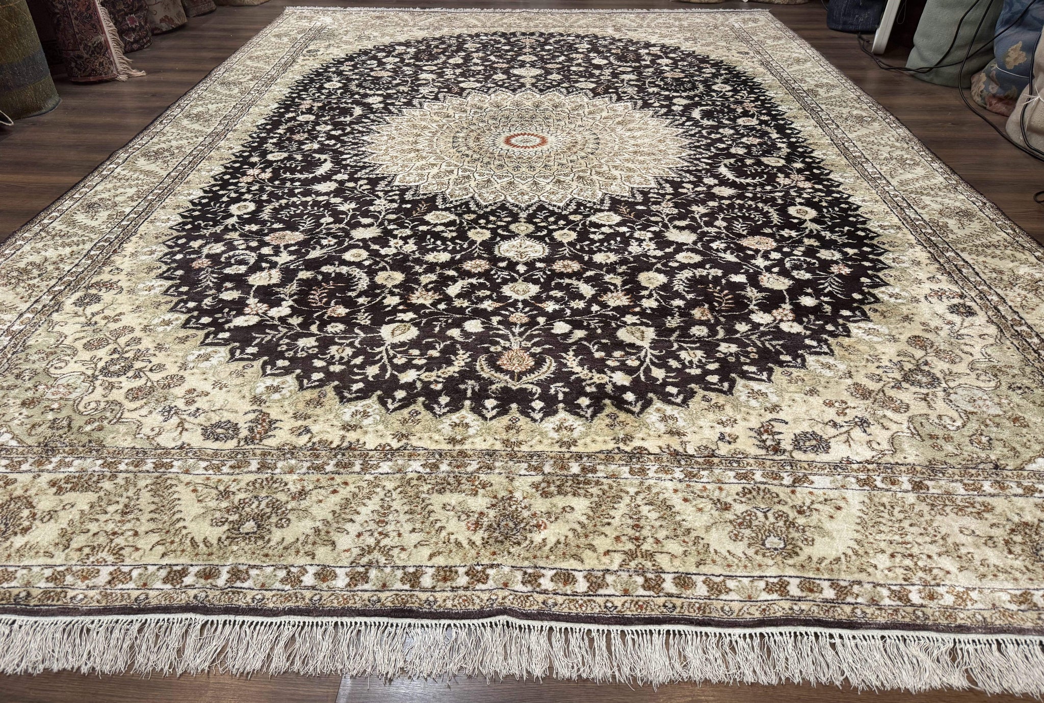 Indian Kashmiri Silk Rug 10x14, Floral Medallion by Jewel Rugs