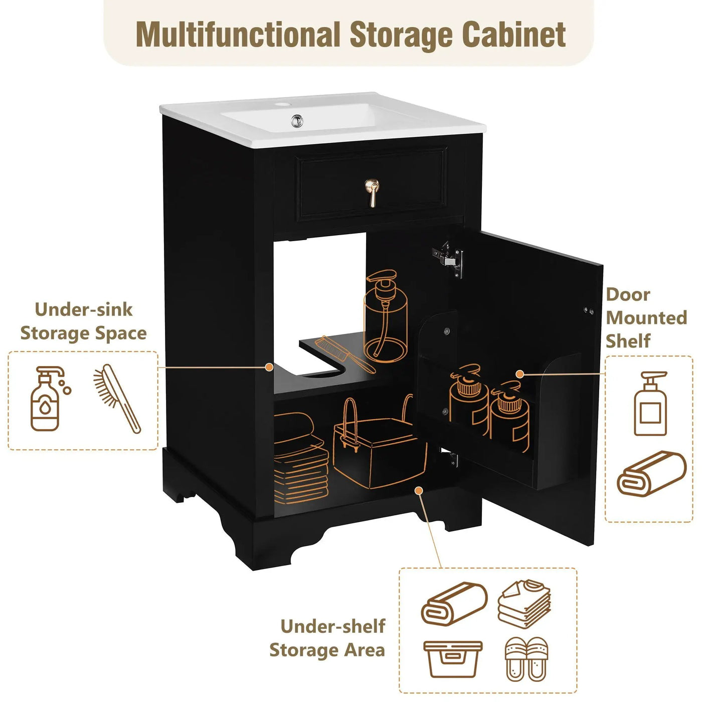 Elegant Bathroom Vanity With Ceramic Sink, Soft Close Door, Adjustable Shelf by HouseOfZazla
