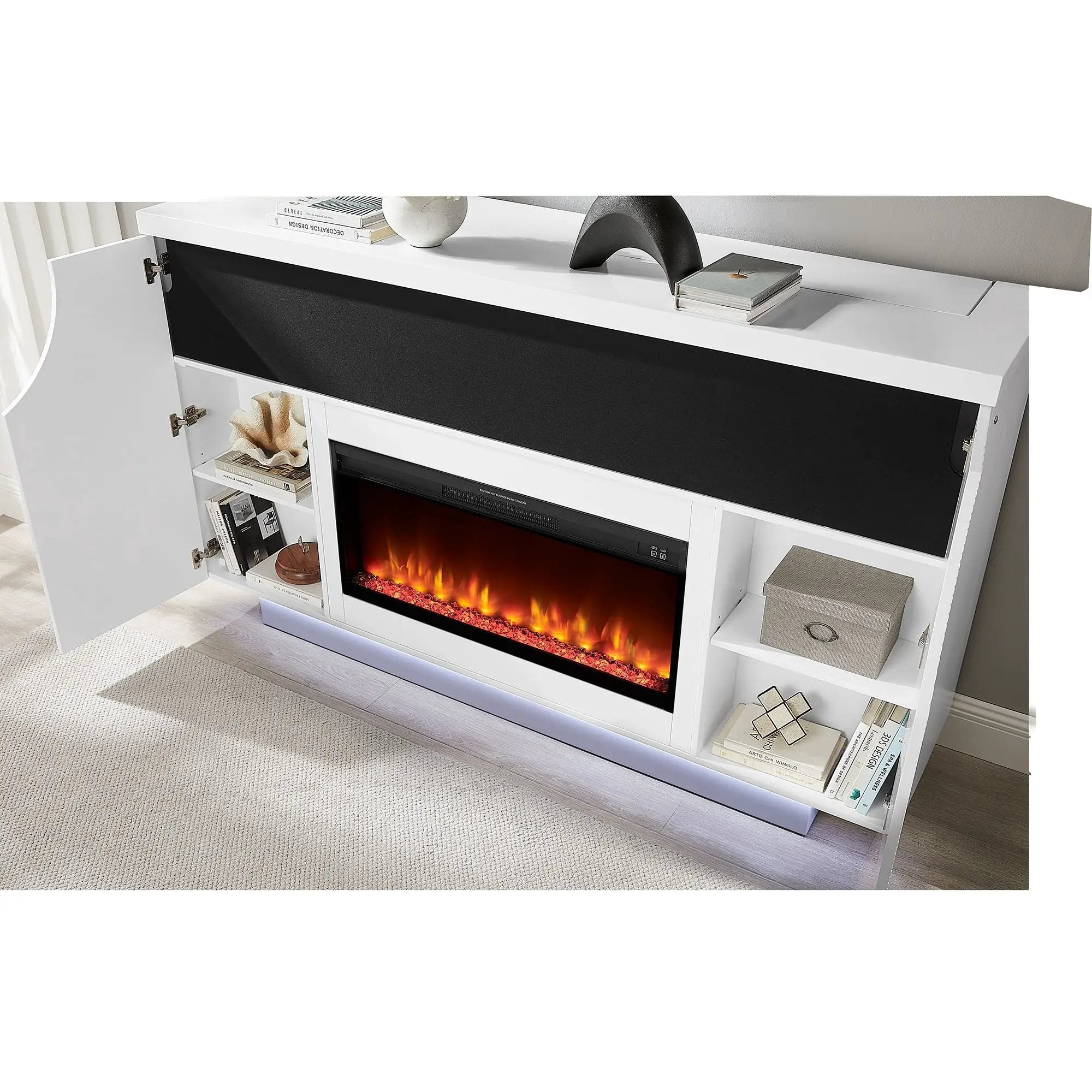 Aurora - Fireplace TV Lift With Adjustable Temperature And LED Colors - White by HouseOfZazla