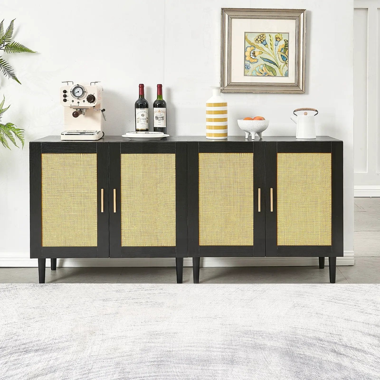 Side Panel Buffet Cabinet With Natural Rattan Door, Rattan Storage Cabinet With Adjustable Shelves, Side Panel And Buffet With Storage Space, Modern Console Cabinet In Bedroom And Living Room - Black / Beige by Unique Piece Furniture