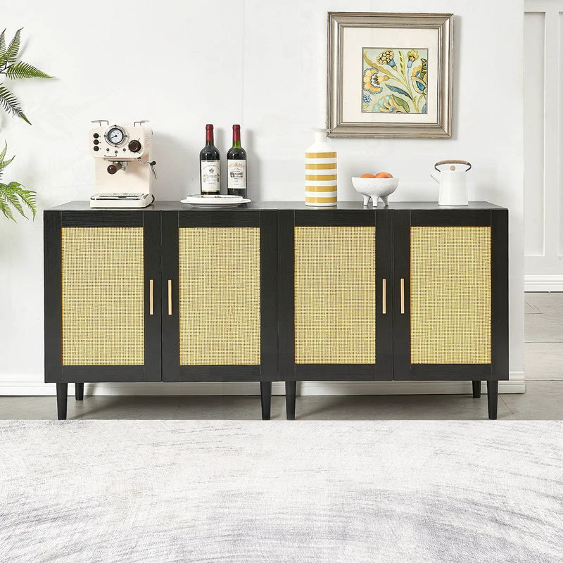 Side Panel Buffet Cabinet With Natural Rattan Door, Rattan Storage Cabinet With Adjustable Shelves, Side Panel And Buffet With Storage Space, Modern Console Cabinet In Bedroom And Living Room - Black / Beige by Unique Piece Furniture