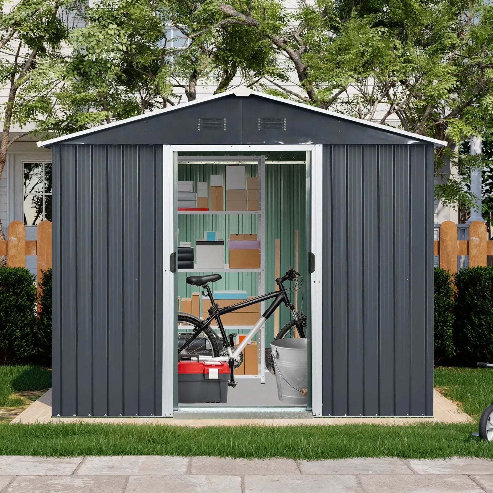 Outdoor Metal Storage Shed With Sliding Door And Foundation For Backyard, Patio, Lawn by HouseOfZazla