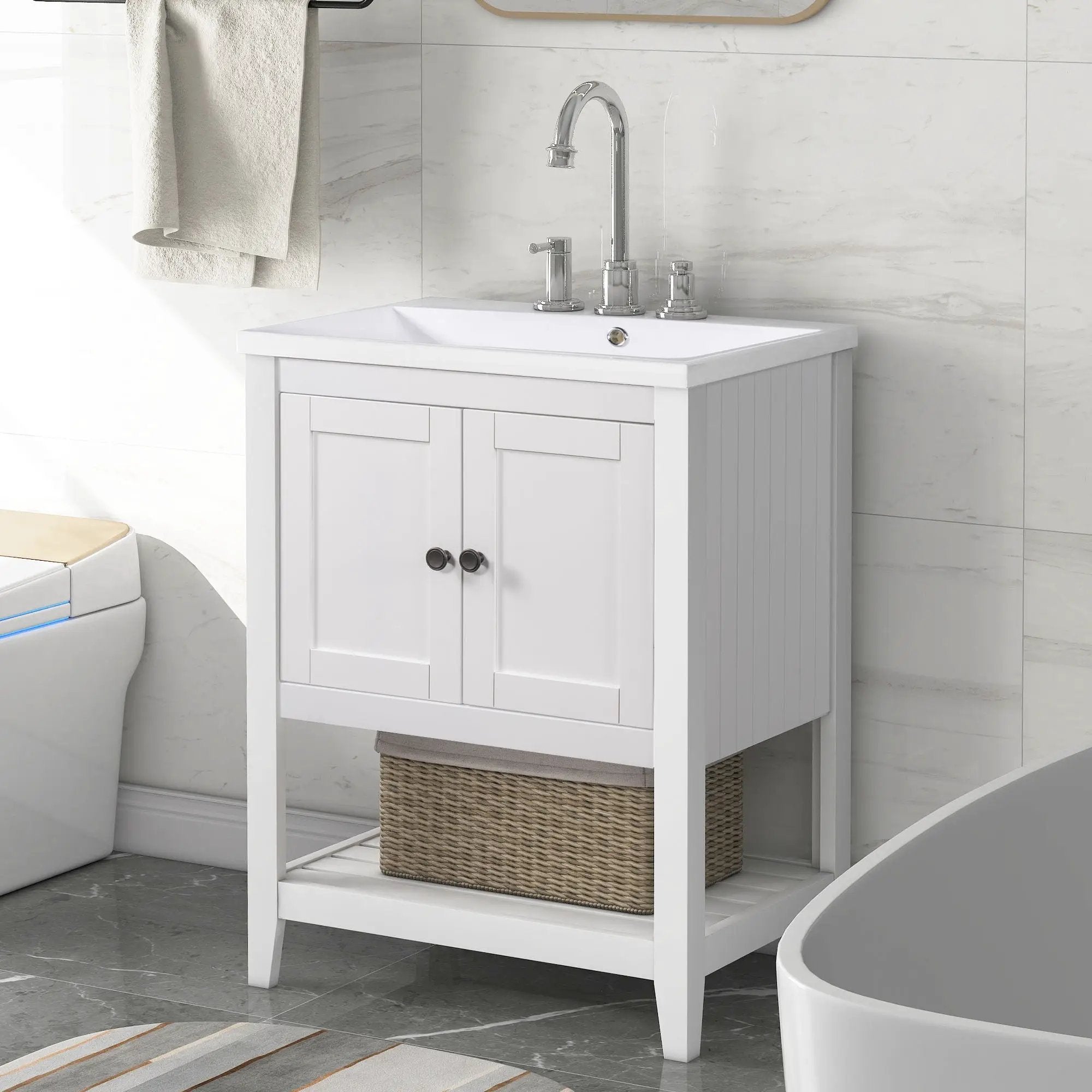 Modern Sleek Bathroom Vanity Elegant Ceramic Sink With Solid Wood Frame Open Style Shelf - White by Unique Piece Furniture