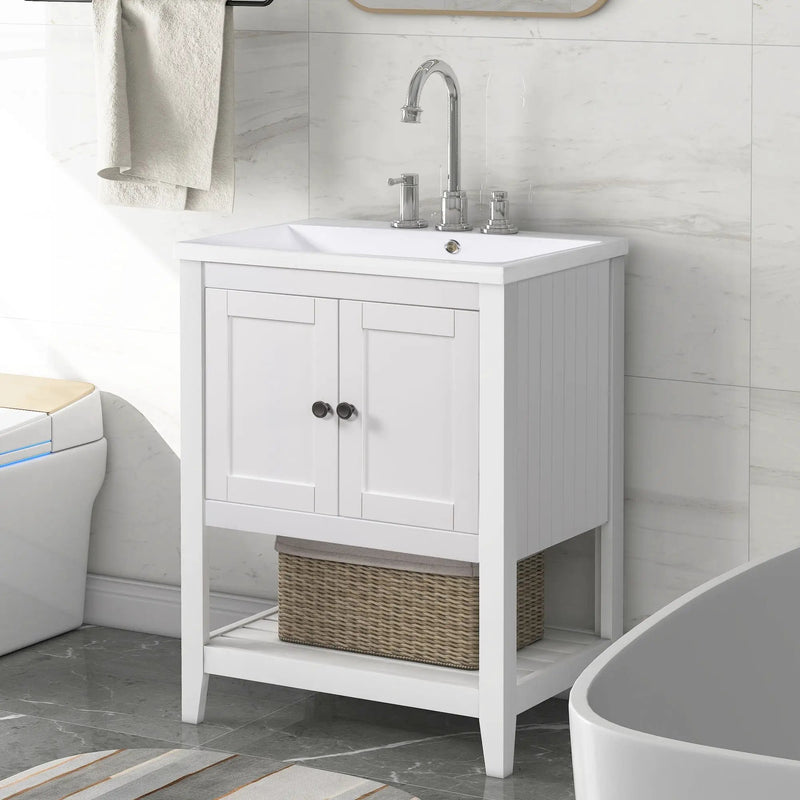 Modern Sleek Bathroom Vanity Elegant Ceramic Sink With Solid Wood Frame Open Style Shelf - White by Unique Piece Furniture