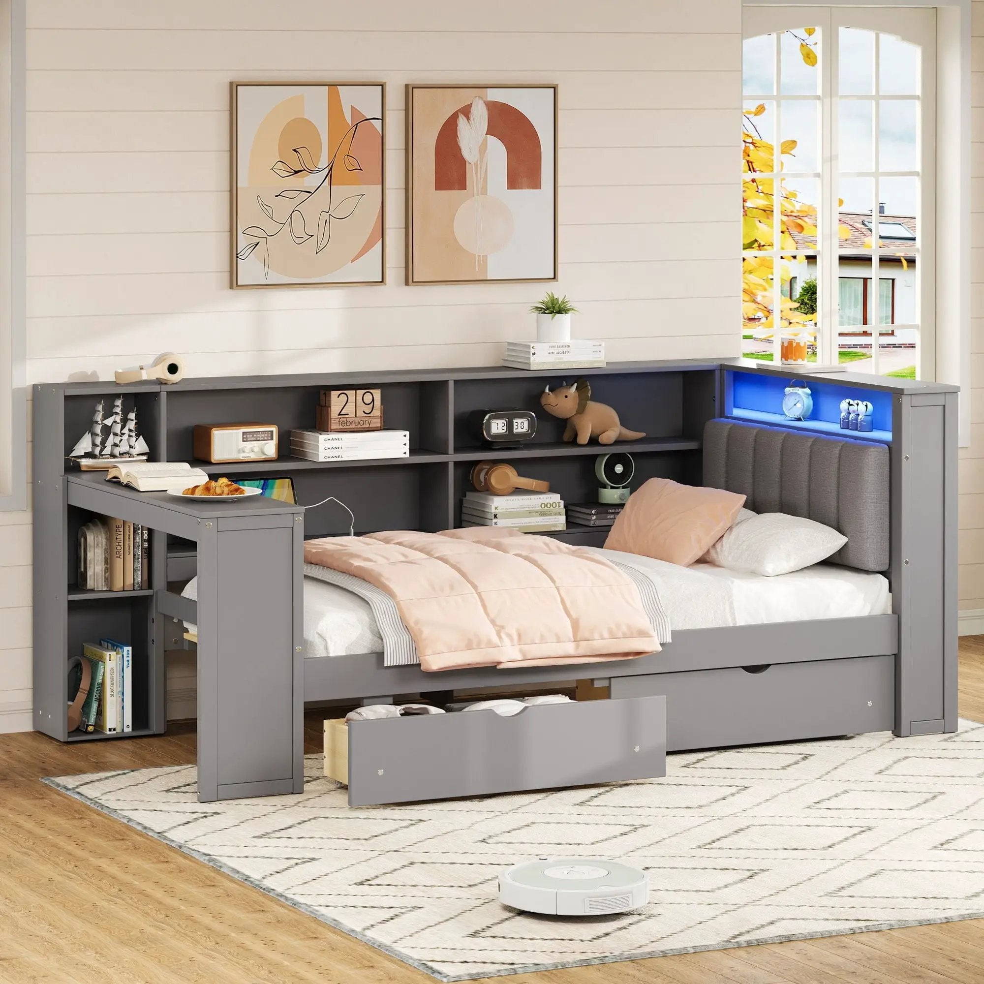 Platform Bed With Upholstered Headboard, Storage Shelves, Drawers, Charging Station, LED Lighting, Built In Desk by HouseOfZazla