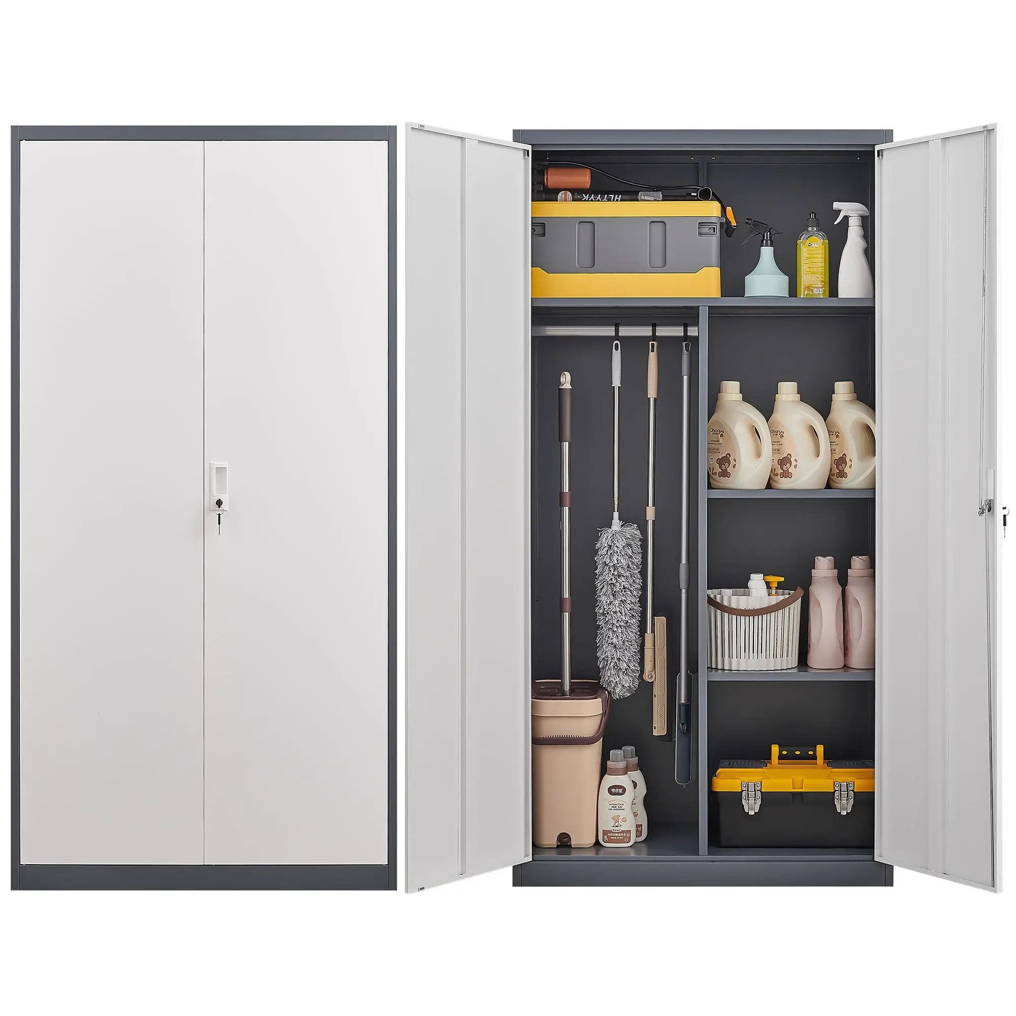Wardrobe With Hanging Rod And Compartments, Lockable Closet With Locks & Keys For Bedroom - Gray by Unique Piece Furniture