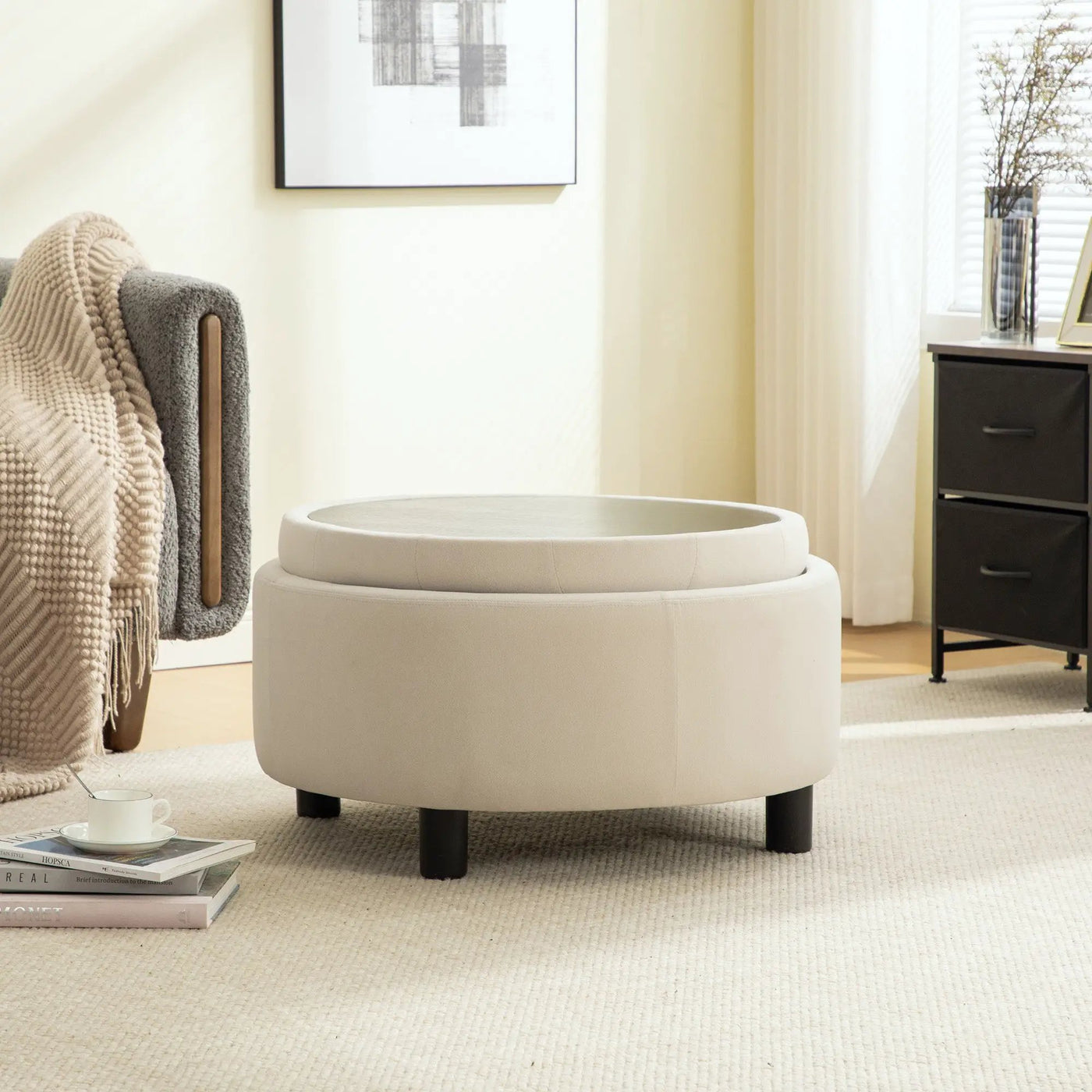 29.33"W Upholstered Round Ottoman With Reversible Lid by HouseOfZazla