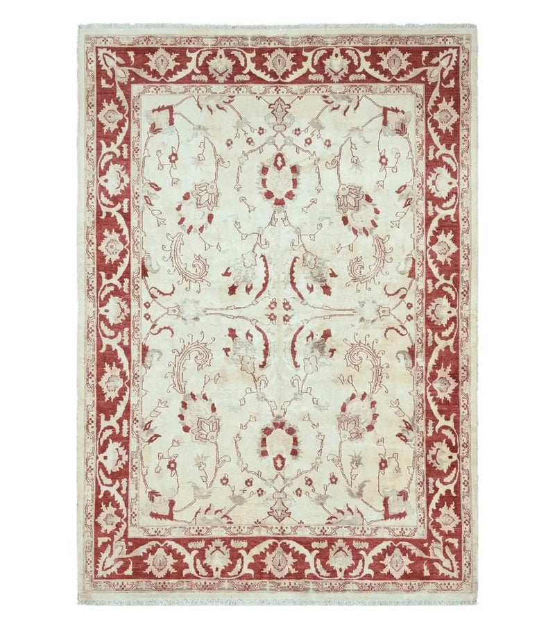 Peshawar Rug 8x12 Pakistani Carpet, Oriental Rug 8 x 12 Chobi Rug, Beige and Red, Allover Large Floral Design, Hand Knotted Vintage Wool by Jewel Rugs