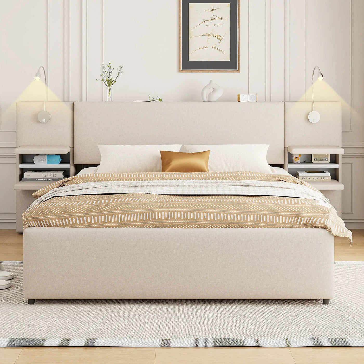 Upholstered Platform Bed With Reading Lights, Drawers, Trundle And Shelves by Unique Piece Furniture