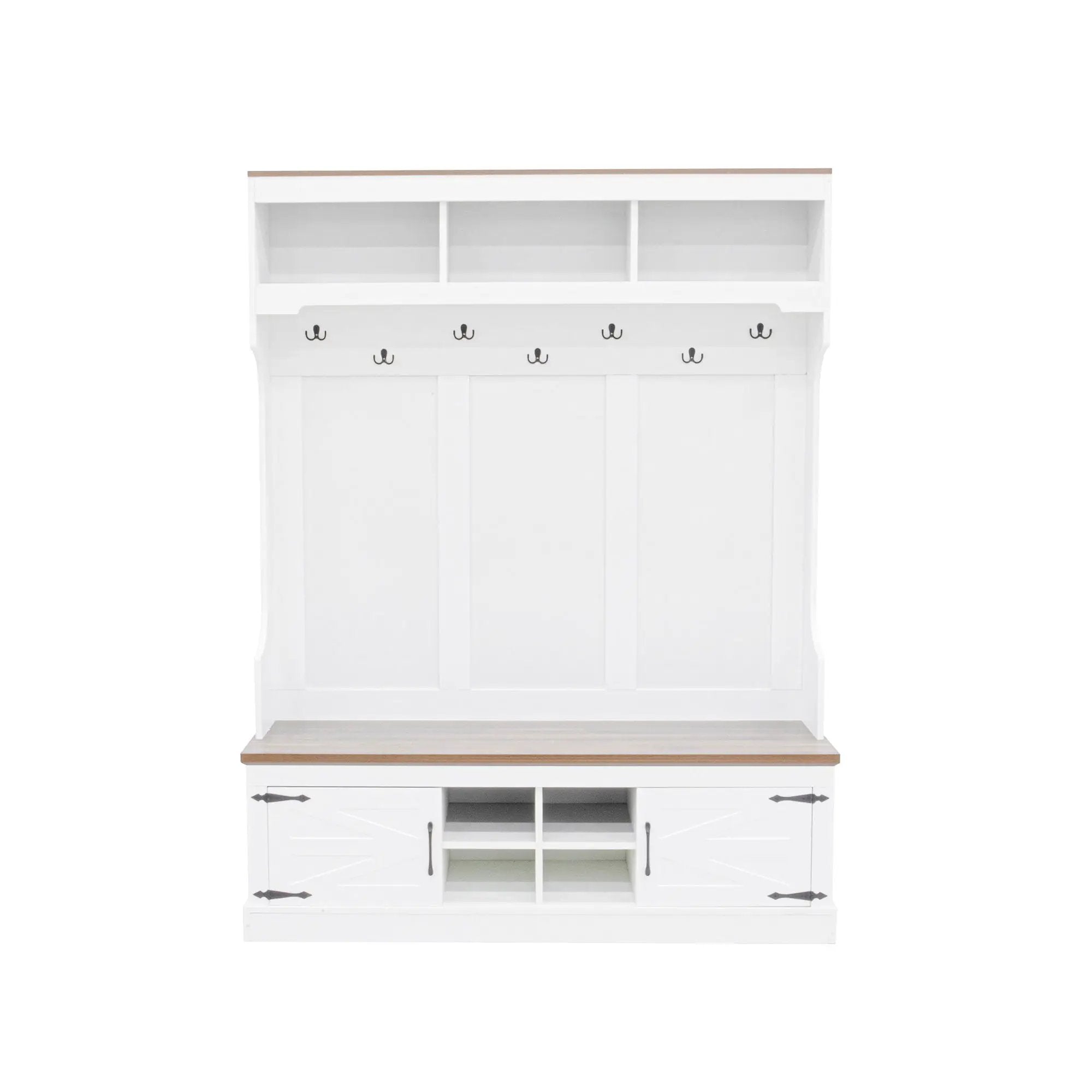 Hall Tree With Bench And Shoe Storage, 5 In 1 Entryway Organizer Cabinet With Coat Rack, 4 Shoe Cubbies & 7 Hooks - White by Unique Piece Furniture