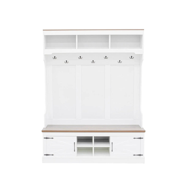 Hall Tree With Bench And Shoe Storage, 5 In 1 Entryway Organizer Cabinet With Coat Rack, 4 Shoe Cubbies & 7 Hooks - White by Unique Piece Furniture