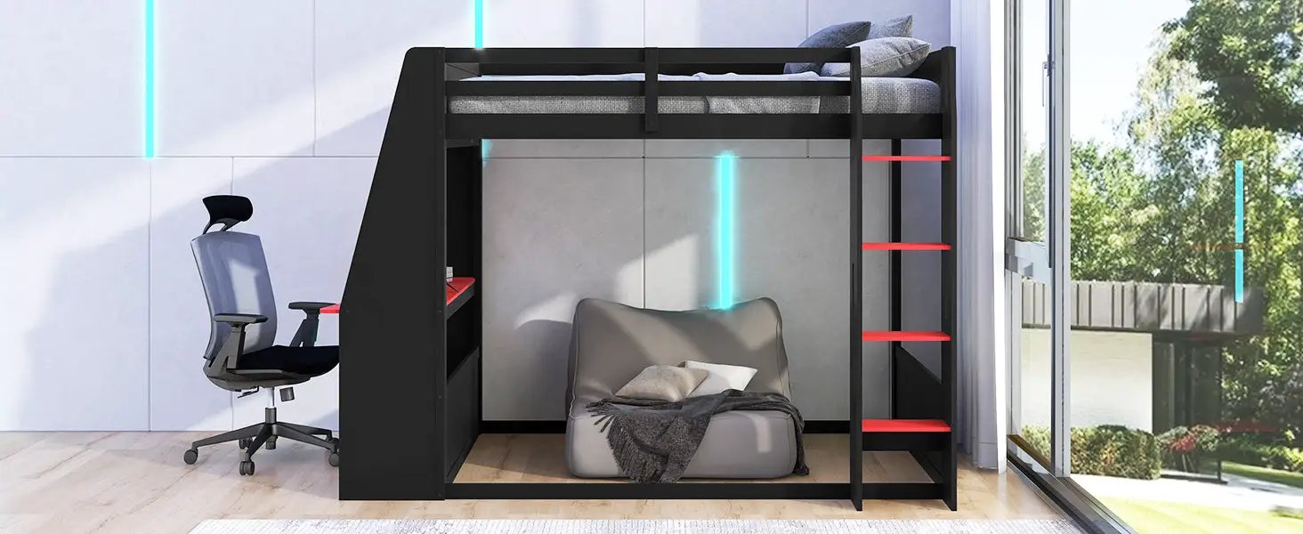 Full Size Wooden Gaming Bunk Bed with Desk, Two Storage Shelves, USB and LED Light by HouseOfZazla