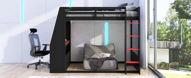 Full Size Wooden Gaming Bunk Bed with Desk, Two Storage Shelves, USB and LED Light by HouseOfZazla