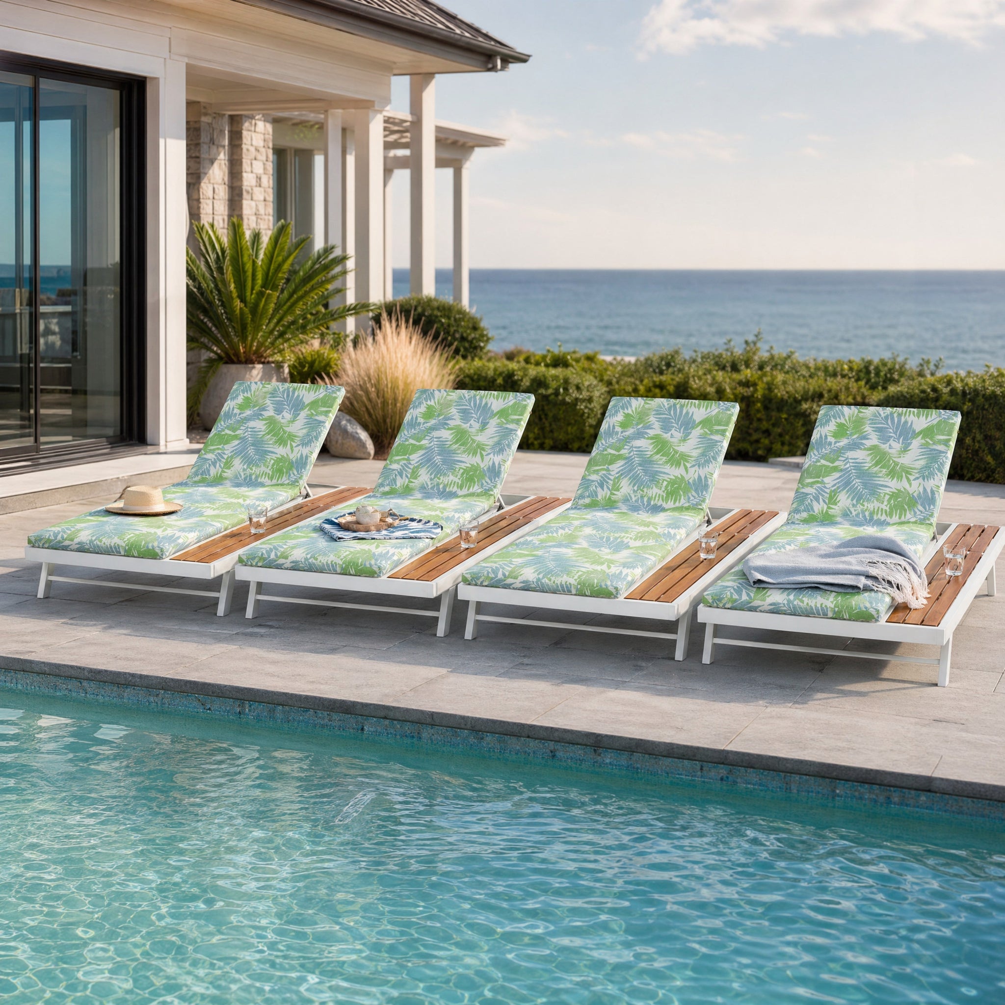 White Iron and Teak Finish Outdoor Chaise Lounge Set by HouseOfZazla