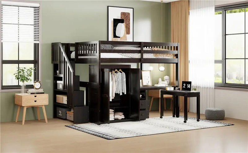 Loft Bed With Stairs, Bookshelf, Drawers, Desk & Wardrobe, Space Saving Multifunctional Furniture by HouseOfZazla
