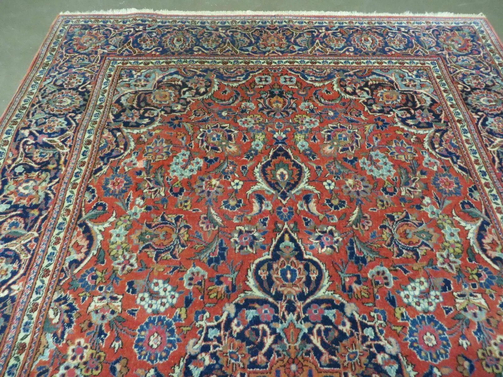 Persian Kashan Rug 4x7, Red and Navy Blue Semi Antique Vintage Wool Oriental Carpet, Hand Knotted Rug, Floral Medallion, High Quality Fine Carpet by Jewel Rugs