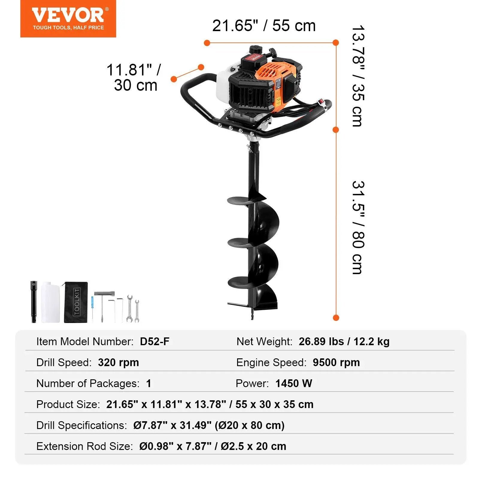 Vevor Gas Post Hole Digger 52Cc 1450W With 8 Drill Bits & Extension Rod Aluminium Alloy - Black by HouseOfZazla