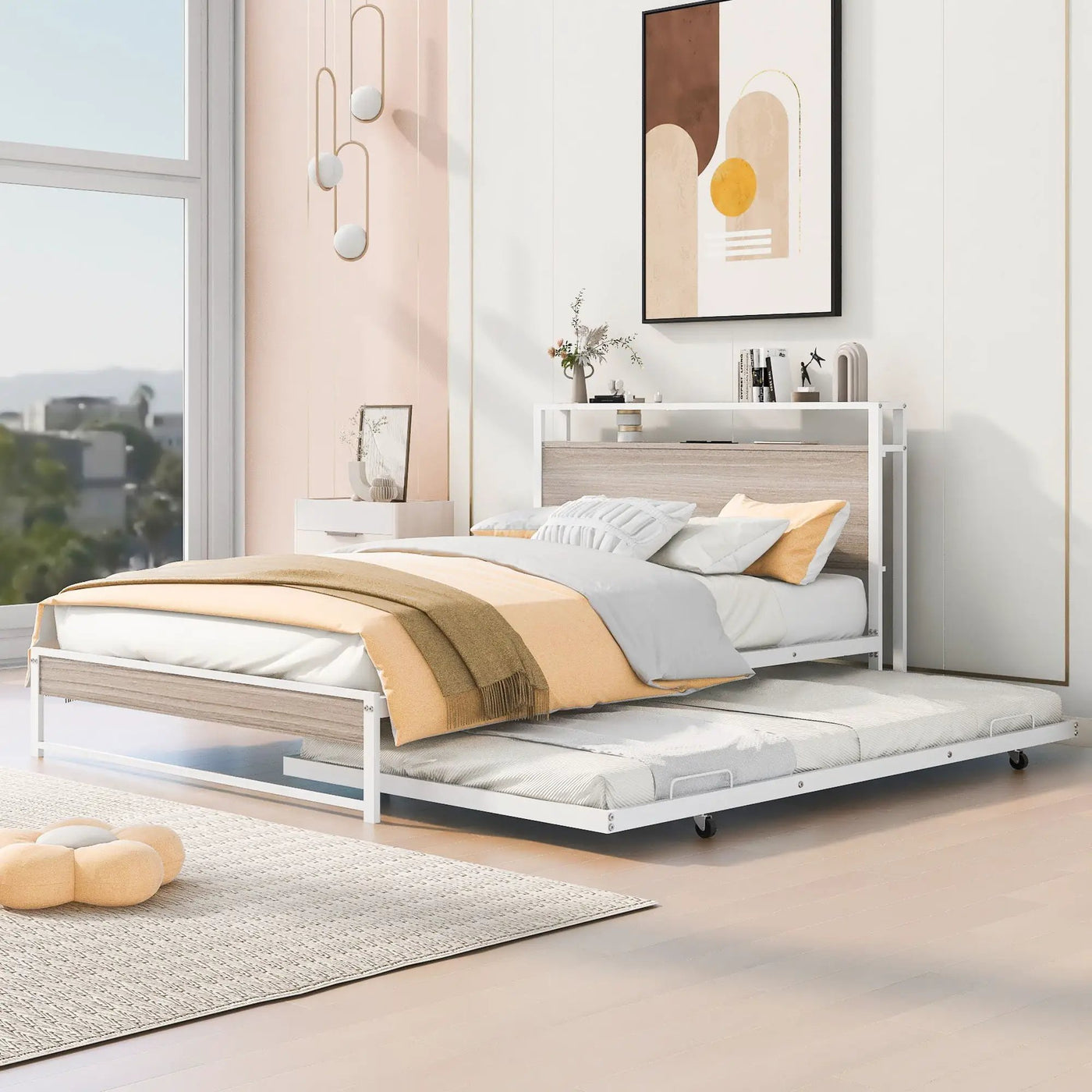 Platform Bed Frame With Trundle, USB Ports And Slat Support, No Box Spring Needed by Unique Piece Furniture