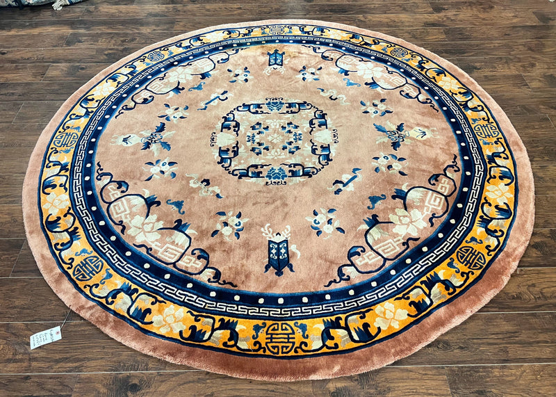 Antique Round Chinese Wool Rug 8x8, Chinese Peking Carpet, Asian Oriental Carpet 8 x 8 ft, Chinese Art Deco Rug, Nichols Rug by Jewel Rugs