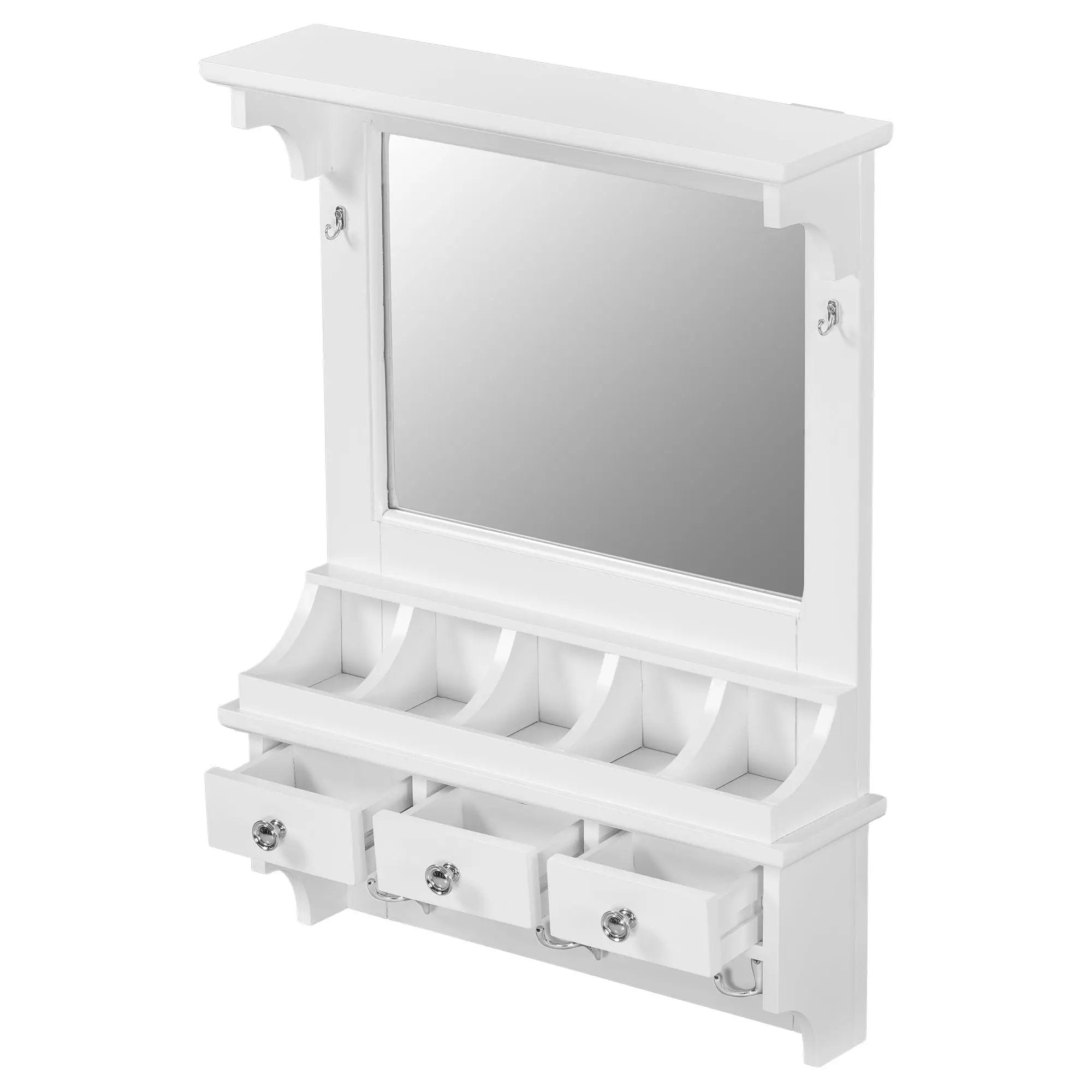 Floating Makeup Vanity With Big Mirror, Wall Mounted Storage Vanity With Drawers, Pockets & Hooks, Space Saving Decorative Home Organizer - White by Unique Piece Furniture
