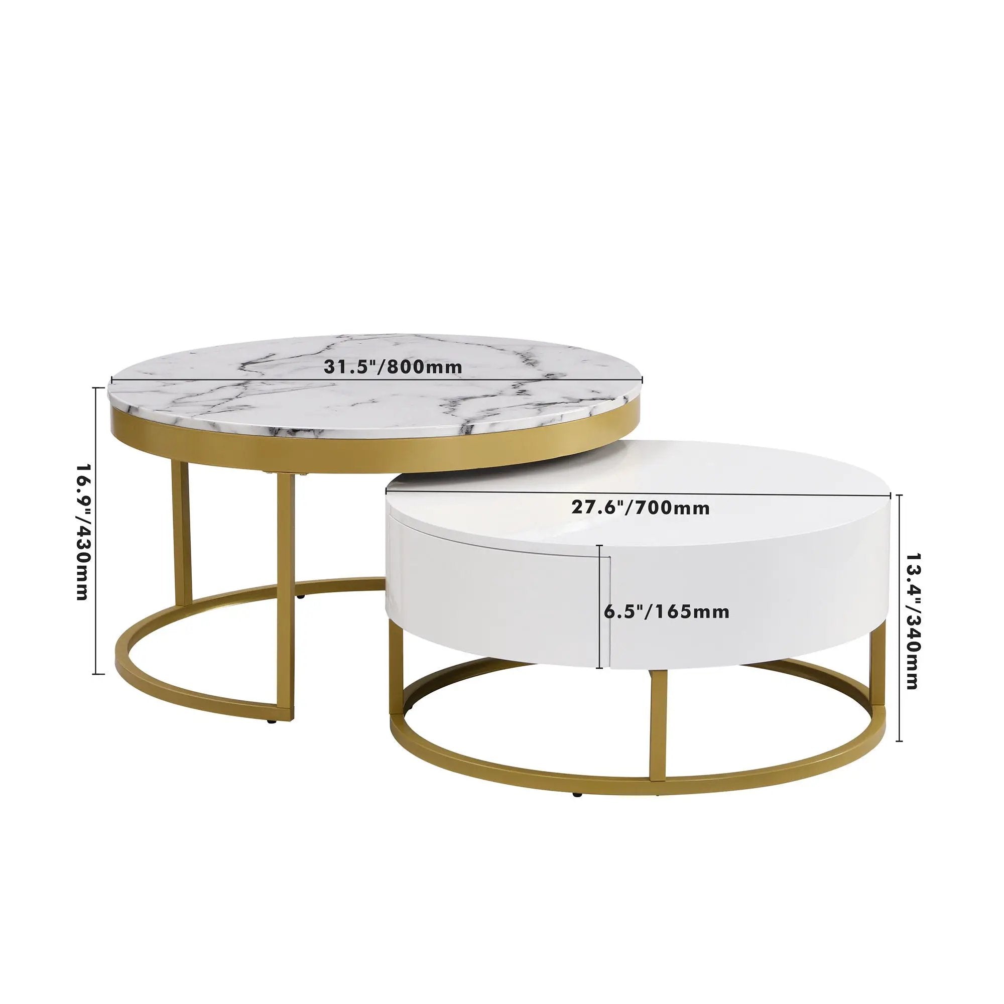 Round Nesting Coffee Table with Drawers - Golden / White by HouseOfZazla