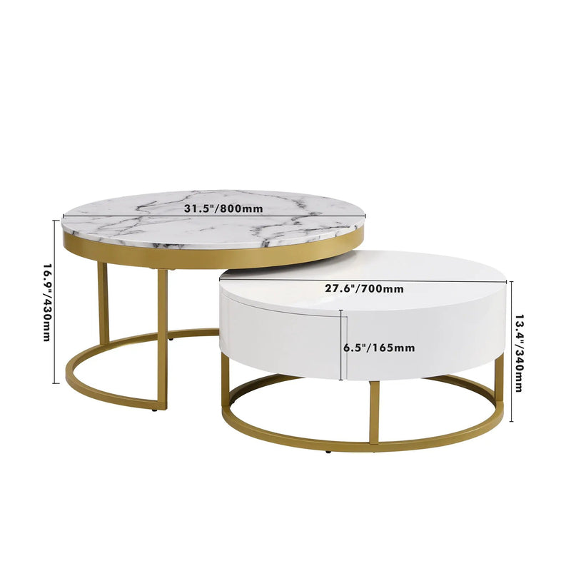 Round Nesting Coffee Table with Drawers - Golden / White by HouseOfZazla