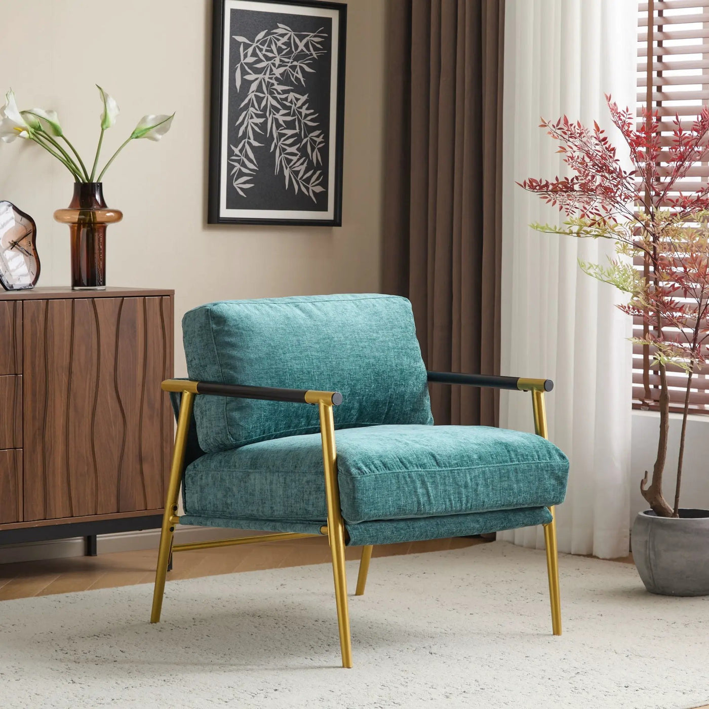 Modern Accent Chair With Plush Cushions and Wooden Armrests by HouseOfZazla
