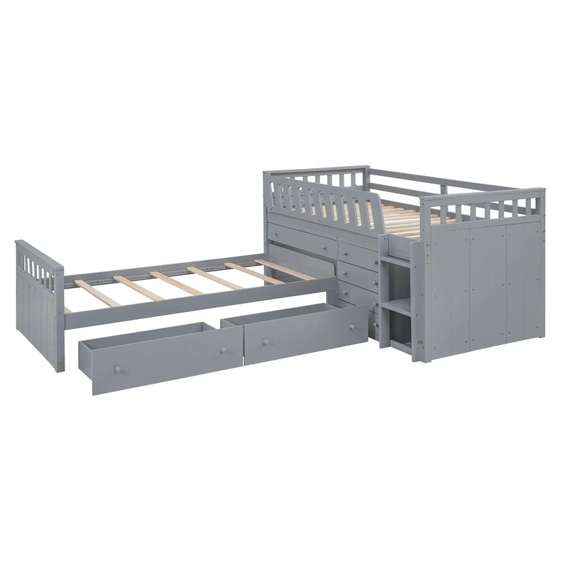 Loft Platform Bed With 7 Drawers And Full Guardrails, Modern L Shaped Space Savin
