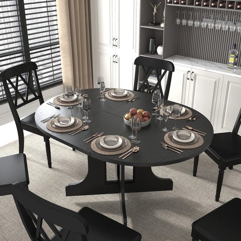Dining Table For Farmhouse Kitchen Expandable Oval Table Top With Removable Leaf Trestle X Shaped Base - Black by HouseOfZazla