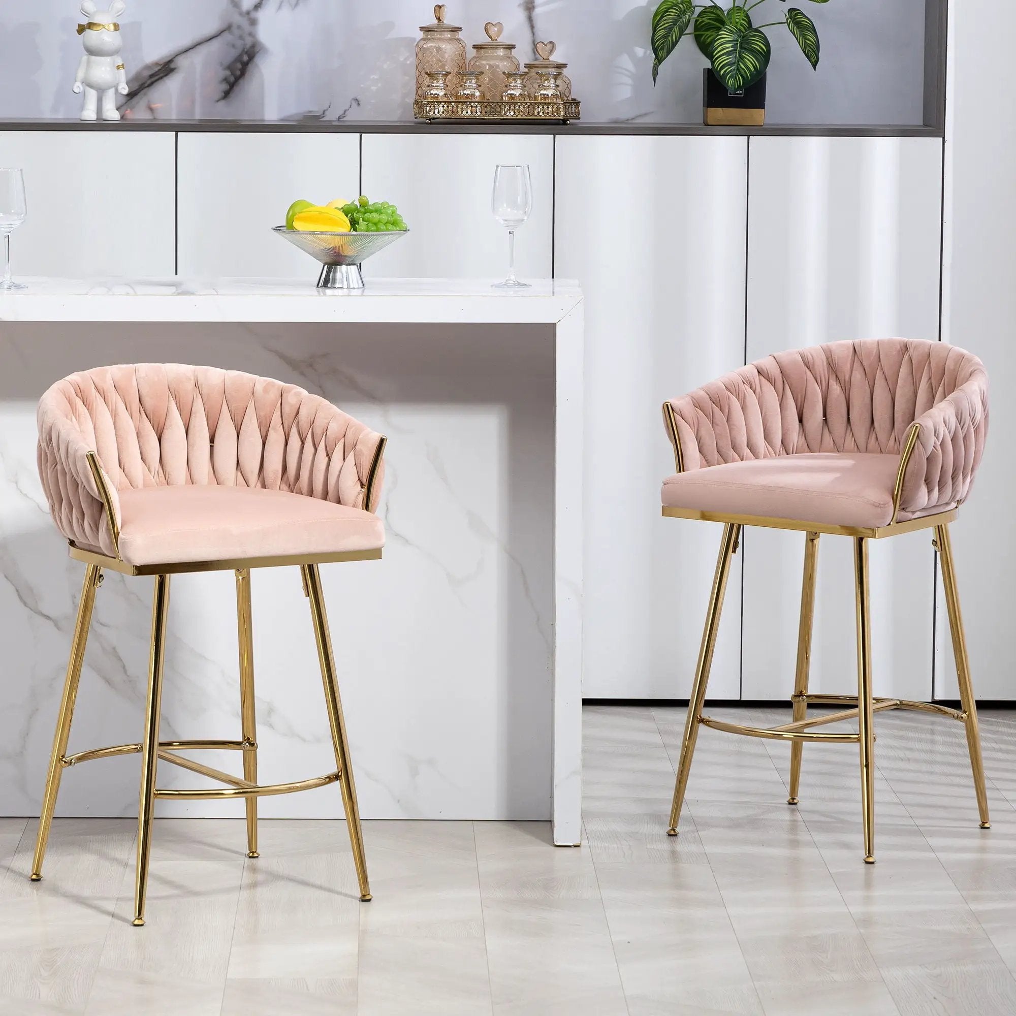 Counter Height Bar Stools Kitchen Island Counter Bar Stool With Hand - Wave Back, Golden Chromed Base And Footrest (Set of 2) - Pink by Unique Piece Furniture