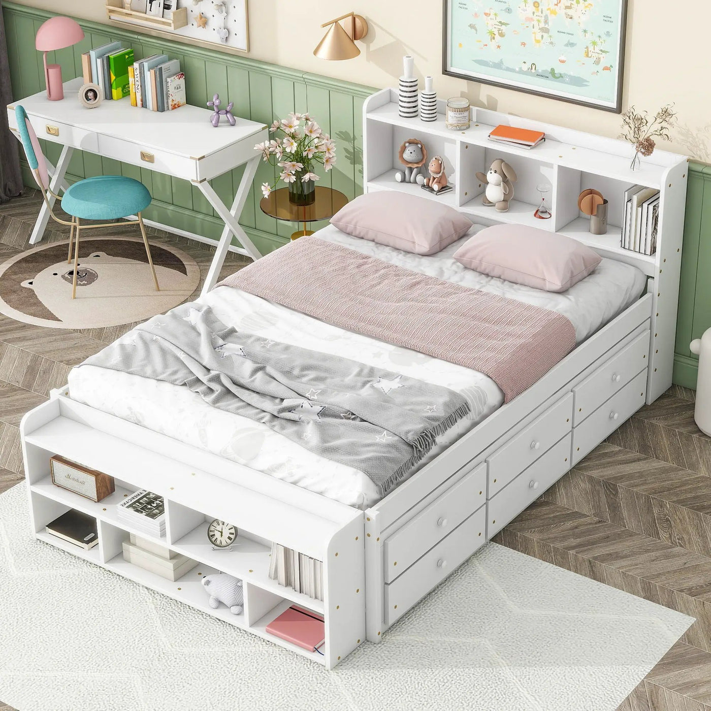 Bed With Bookcase Headboard, Under Bed Storage Drawers And Bed End Storage Case by Unique Piece Furniture