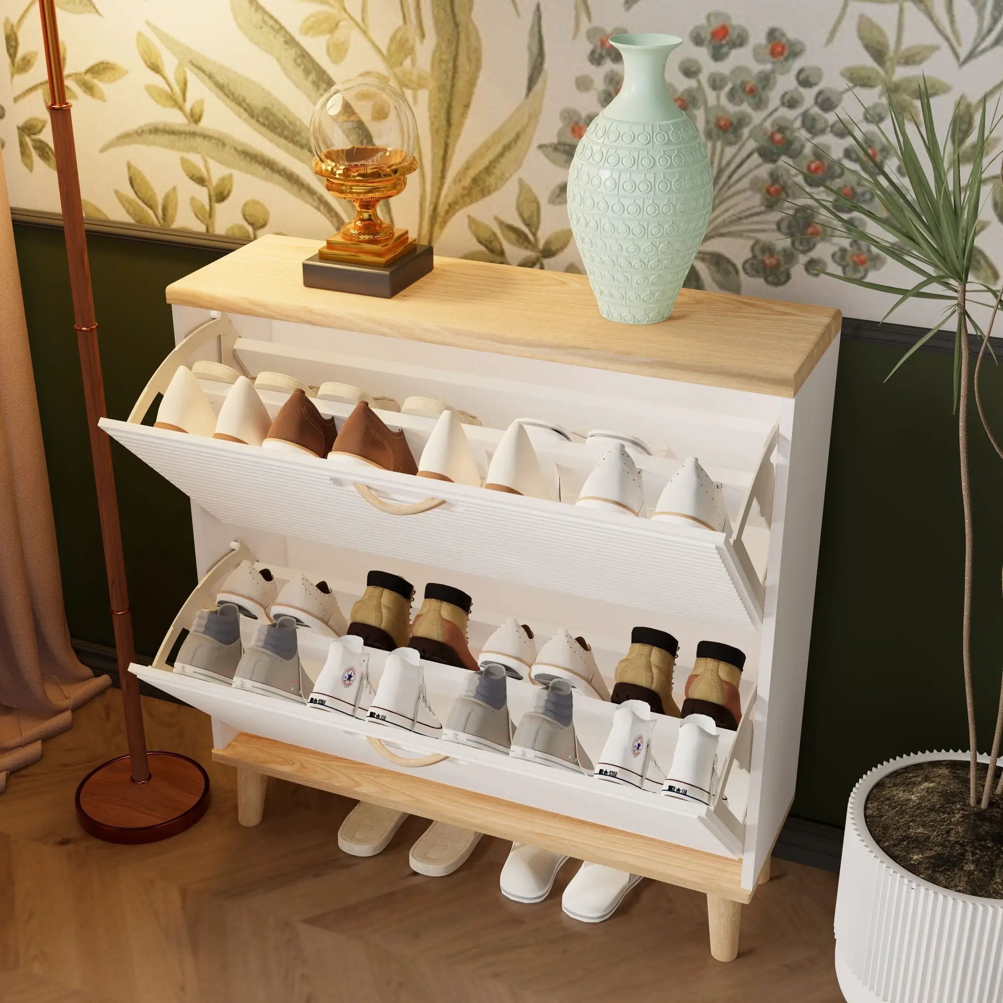 Narrow - Entryway Shoe Storage Cabinet With 2 Flip Drawers Legs - Natural / White by HouseOfZazla
