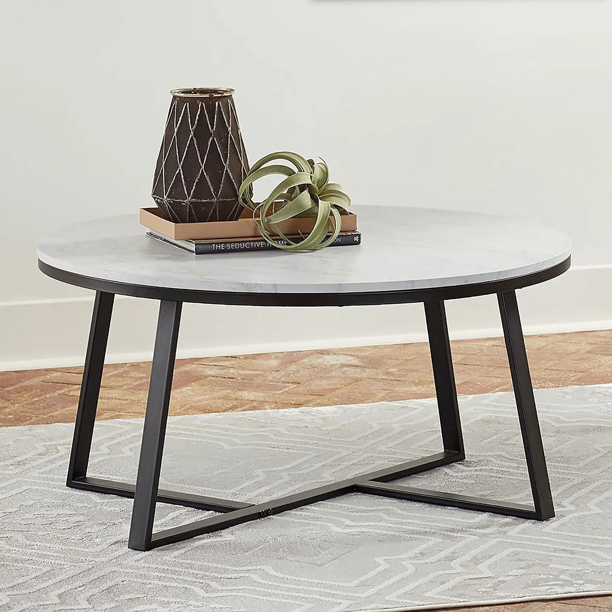 Hugo Round Faux Marble Coffee Table White and Matte Black by Unique Piece Furniture