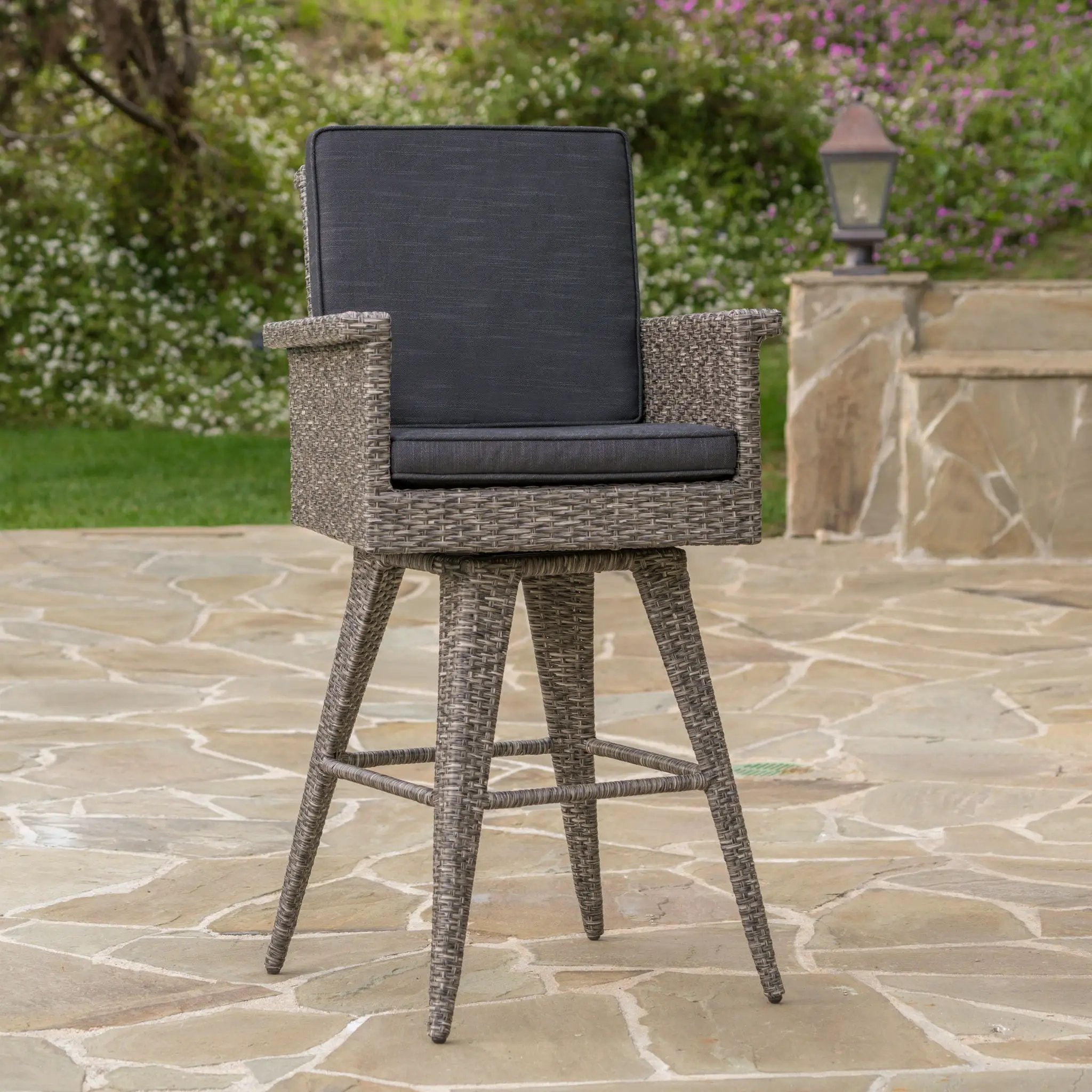 Outdoor Rattan Swivel Barstool With Water Resistant Cushion - Mixed Black / Dark Gray by HouseOfZazla