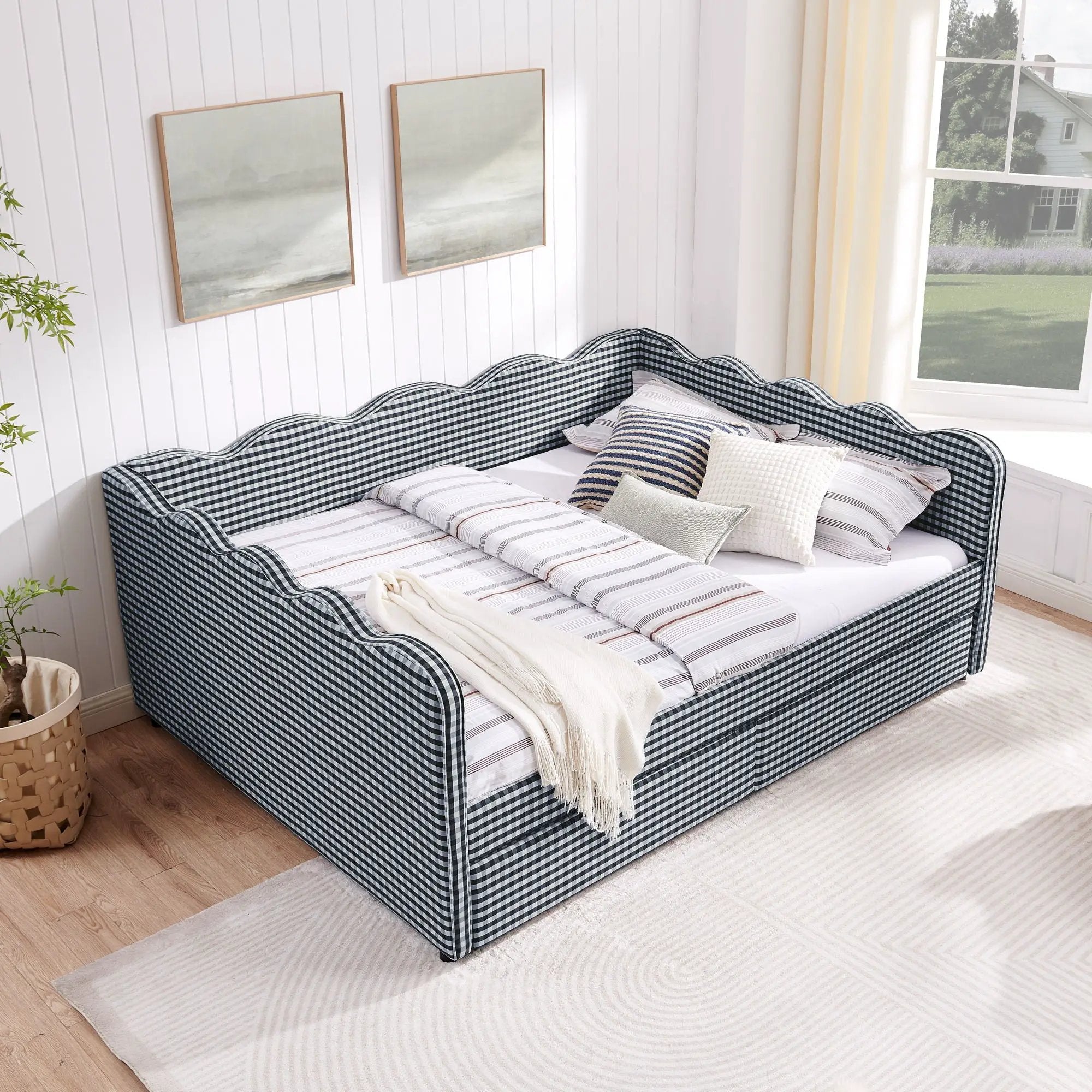 Gingham Daybed With USB Charging Port, Wave-Shaped Design by Unique Piece Furniture