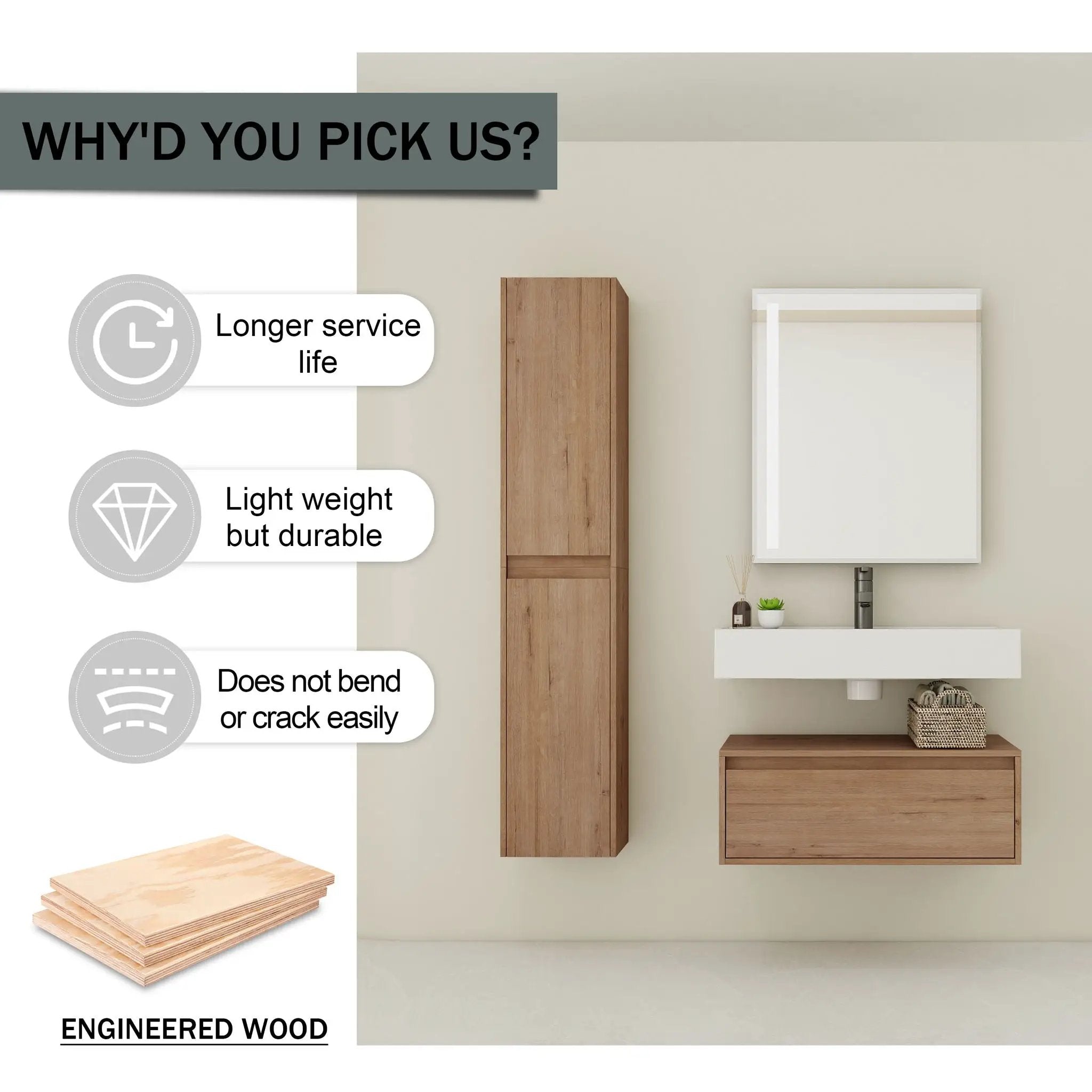 Modern Wall Mounted 30 Inch Bathroom Vanity With Resin Sink And 2 Side Cabinet In Imitative - Imitative Oak by Unique Piece Furniture