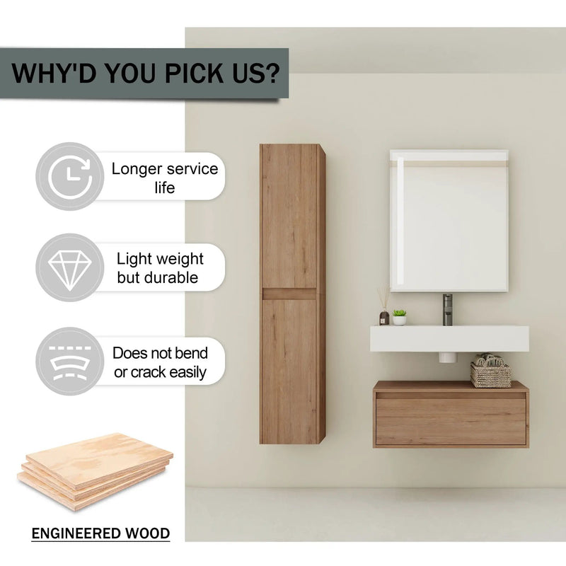 Modern Wall Mounted 30 Inch Bathroom Vanity With Resin Sink And 2 Side Cabinet In Imitative - Imitative Oak by HouseOfZazla